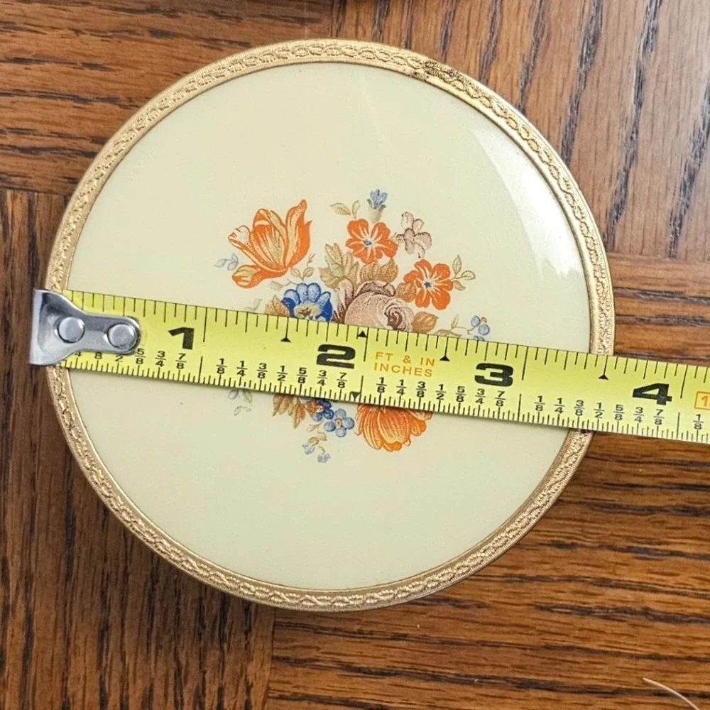 Vintage 3pc Vanity Set Floral‎ Enamel Gold Filigree Mirror Brush Crystal Jar